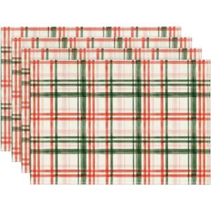 Artoid Mode Red Green Buffalo Plaid Christmas Placemats Set of 4, 12×18 Inch Seasonal Winter Table Mats for Party Kitchen Dining Decoration(Red/Green)