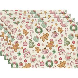 Artoid Mode Snowman Gingerbread Trees Christmas Placemats Set of 4, 12×18 Inch Seasonal Winter Holiday Place Mats for Party Dining Table(Pink)
