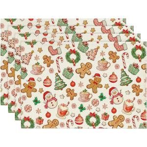 Artoid Mode Snowman Gingerbread Trees Christmas Placemats Set of 4, 12×18 Inch Seasonal Winter Holiday Place Mats for Party Dining Table(Red)