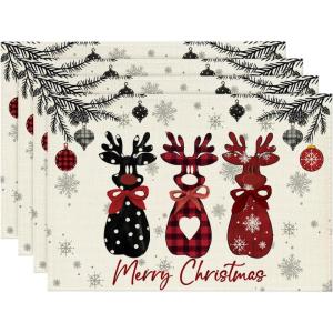 Artoid Mode Wood Reindeer Christmas Placemats Set of 4, 12×18 Inch Seasonal Winter Holiday Place Mats for Party Dining Table(Red)