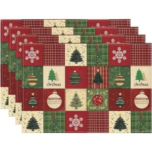 Artoid Mode Xmas Trees Christmas Balls Placemats Set of 4, 12×18 Inch Table Mats for Winter New Year Holiday Party Kitchen Dining Decoration(Red)