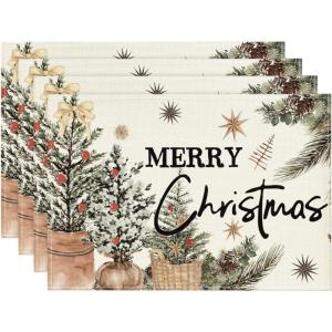 Artoid Mode Xmas Trees Holly Pine Cone Merry Christmas Placemats Set of 4, 12×18 Inch Seasonal Winter Holiday Table Mats for Party Kitchen Dining Decoration(Beige)