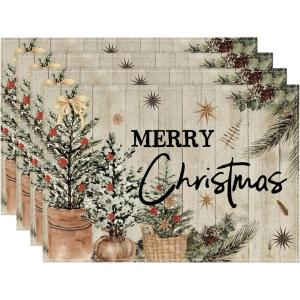 Artoid Mode Xmas Trees Holly Pine Cone Merry Christmas Placemats Set of 4, 12×18 Inch Seasonal Winter Holiday Table Mats for Party Kitchen Dining Decoration(Wood)
