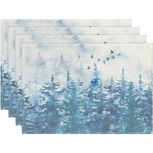 Artoid Mode Xmas Trees Winter Placemats Set of 4, 12×18 Inch Seasonal Blue Christmas Table Mats for Party Kitchen Dining Decoration(Blue)