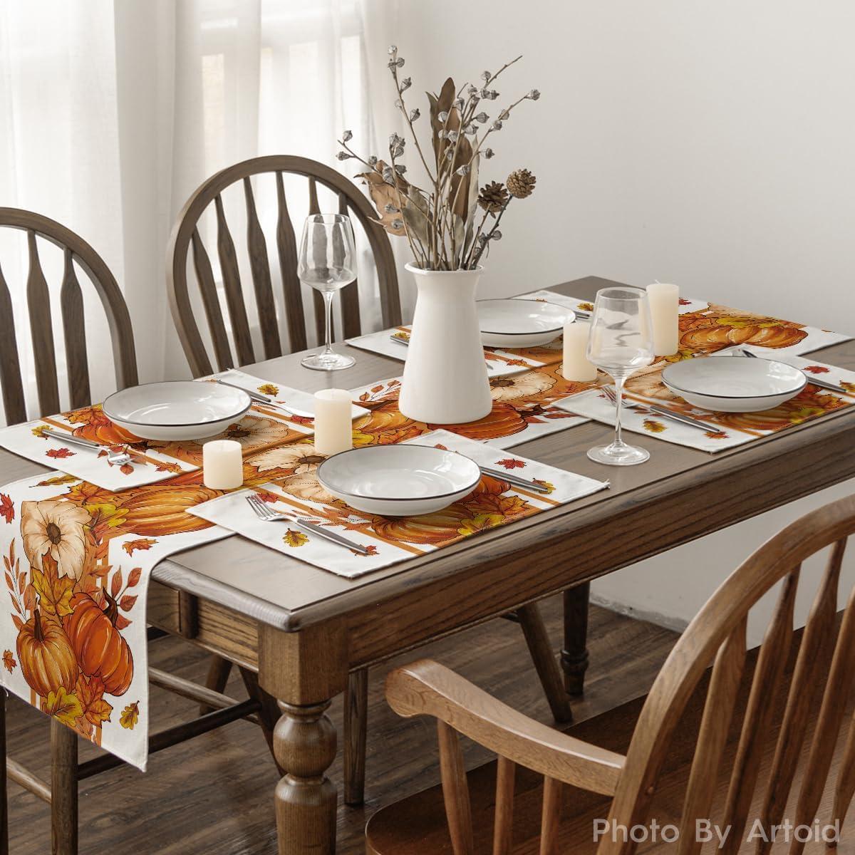 image:imageArtoid Mode Pumpkin Leaves Fall Placemats Set of 4 for Table Runner Seasonal Kitchen Dining Table Decoration for Indoor Party Home 12 x 18 inchOrange