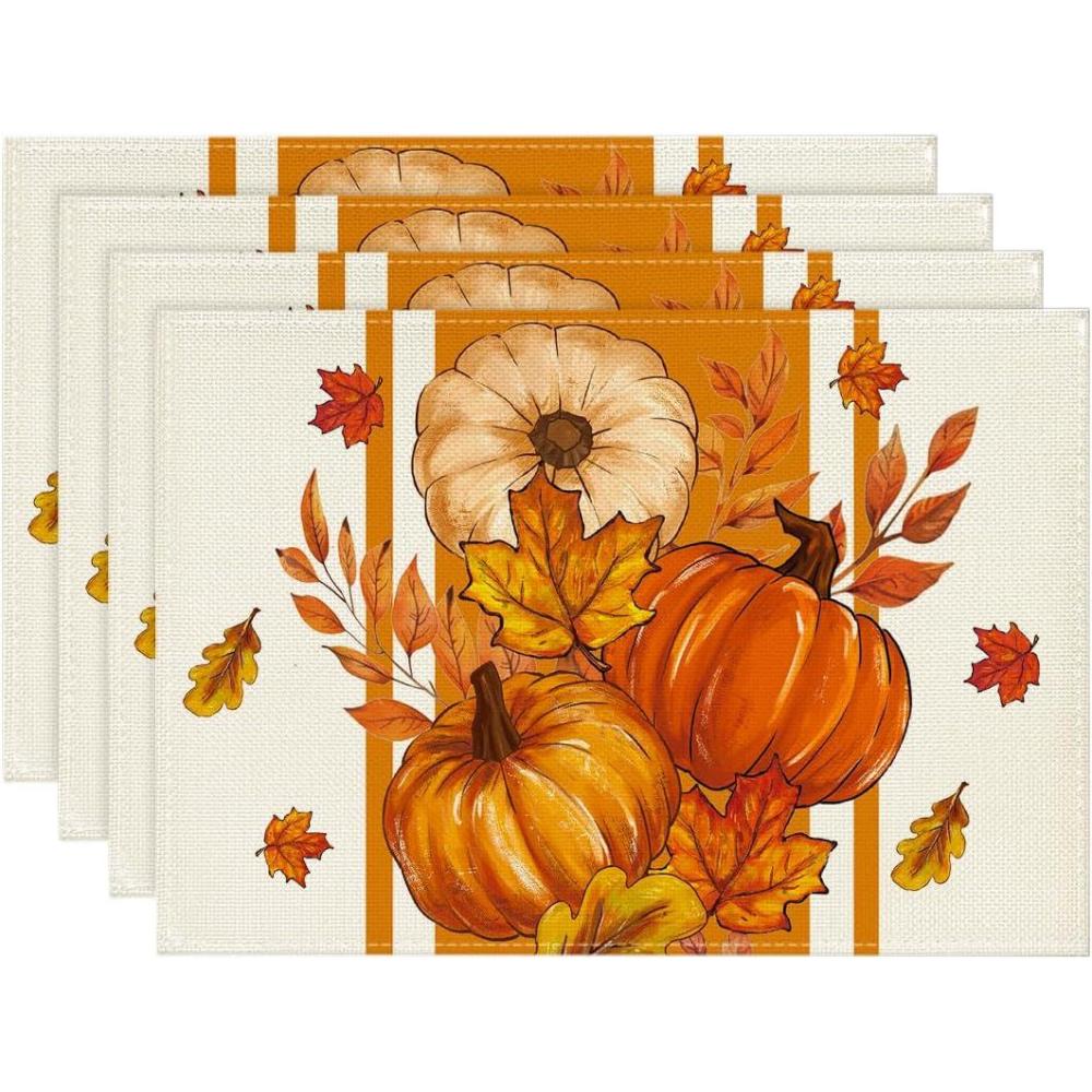 image:imageArtoid Mode Pumpkin Leaves Fall Placemats Set of 4 for Table Runner Seasonal Kitchen Dining Table Decoration for Indoor Party Home 12 x 18 inchOrange