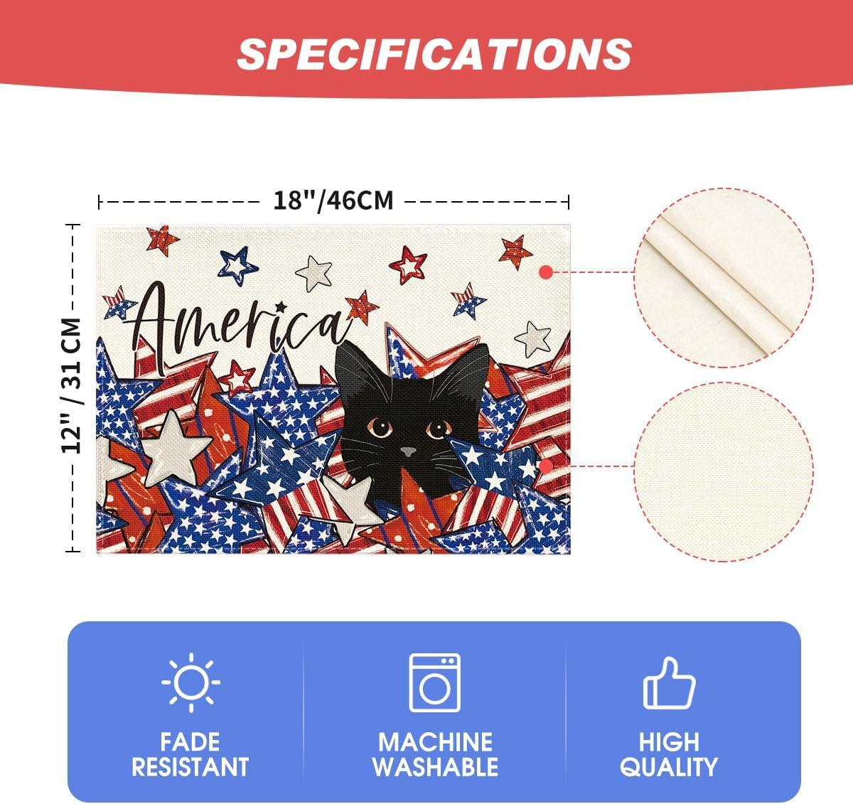 image:imageArtoid Mode Stars Black Cat Patriotic 4th of July Placemats Set of 4 12x18 Inch Memorial Day Holiday Table Mats for Party Kitchen Dining Decoration