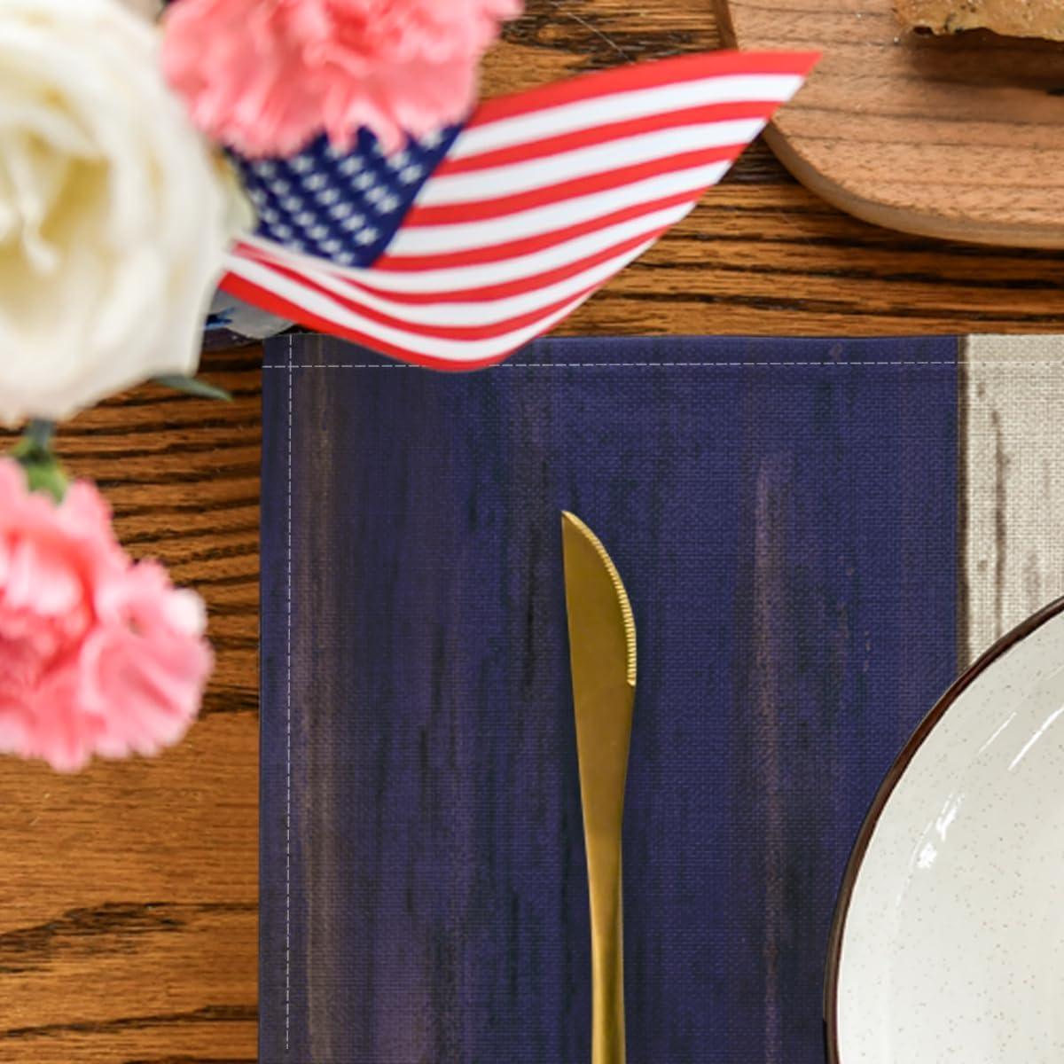 image:imageArtoid Mode Wood Style Stripes 4th of July Placemats Set of 4 12x18 Inch Memorial Day Patriotic Table Mats for Party Kitchen Dining DecorationBlueBeigeRed