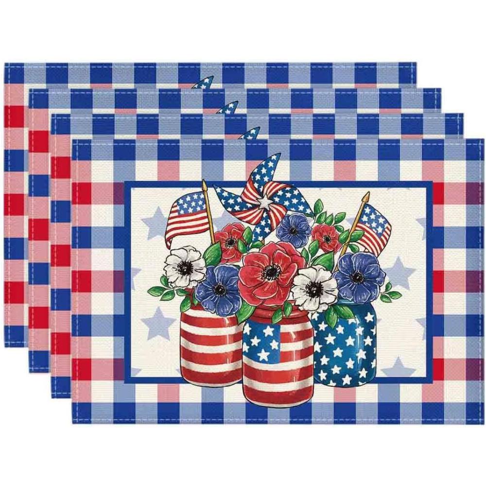 image:imageArtoid Mode American Flag Vases Flowers 4th of July Round Placemats Set of 4 14 Inch Patriotic Memorial Day Round Table Mats for Dining DecorationBlueRed