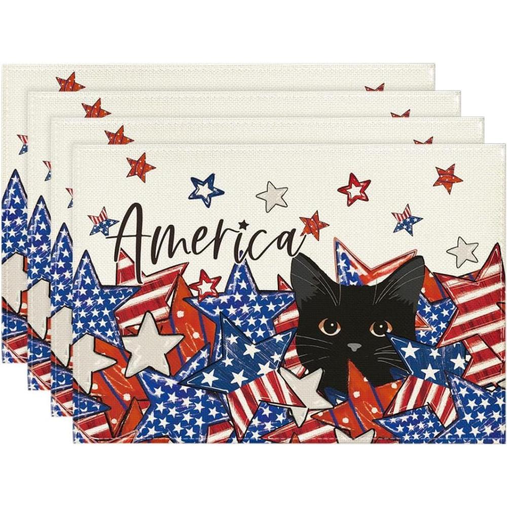 image:imageArtoid Mode Stars Black Cat Patriotic 4th of July Placemats Set of 4 12x18 Inch Memorial Day Holiday Table Mats for Party Kitchen Dining Decoration
