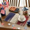 Artoid Mode Wood Style Stripes 4th of July Placemats Set of 4, 12×18 Inch Memorial Day Patriotic Table Mats for Party Kitchen Dining Decoration(Blue/Beige/Red)