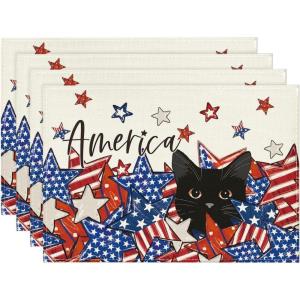 Artoid Mode Stars Black Cat Patriotic 4th of July Placemats Set of 4, 12×18 Inch Memorial Day Holiday Table Mats for Party Kitchen Dining Decoration