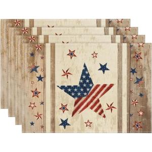 Artoid Mode Wood Stars Strip-Shaped Patriotic 4th of July Placemats Set of 4,12×18 Inch Memorial Day Seasonal Spring Table Mats for Party Kitchen Dining Decoration(Wood)