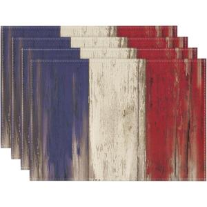 Artoid Mode Wood Style Stripes 4th of July Placemats Set of 4, 12×18 Inch Memorial Day Patriotic Table Mats for Party Kitchen Dining Decoration(Blue/Beige/Red)