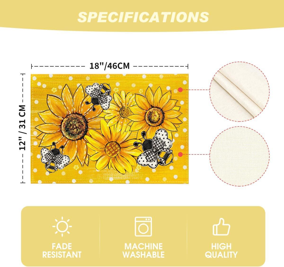 image:imageArtoid Mode Sunflower Bee Flower Polka Dot Summer Placemats Set of 4 12x18 Inch Spring Table Mats for Table Runner Party Kitchen Dining DecorationYellow