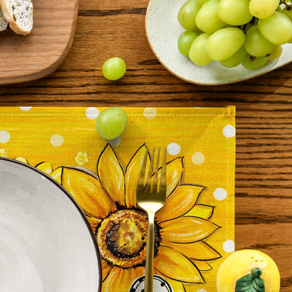 image:imageArtoid Mode Sunflower Bee Flower Polka Dot Summer Placemats Set of 4 12x18 Inch Spring Table Mats for Table Runner Party Kitchen Dining DecorationYellow