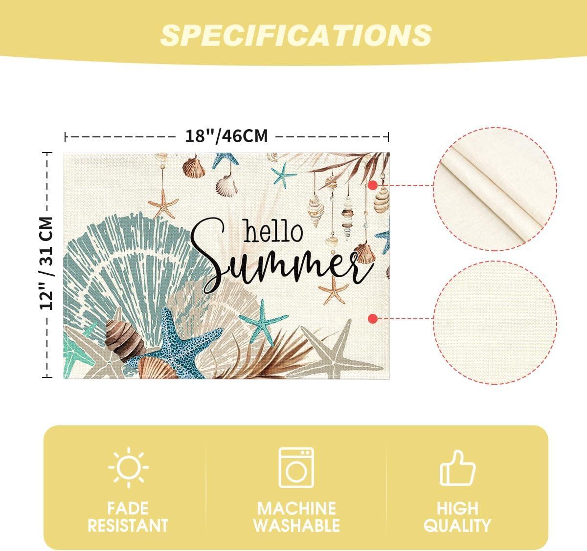 image:imageArtoid Mode Sunshine Starfish Shell Summer Placemats Set of 4 12x18 Inch Seasonal Spring Holiday Table Mats for Party Kitchen Dining Decoration