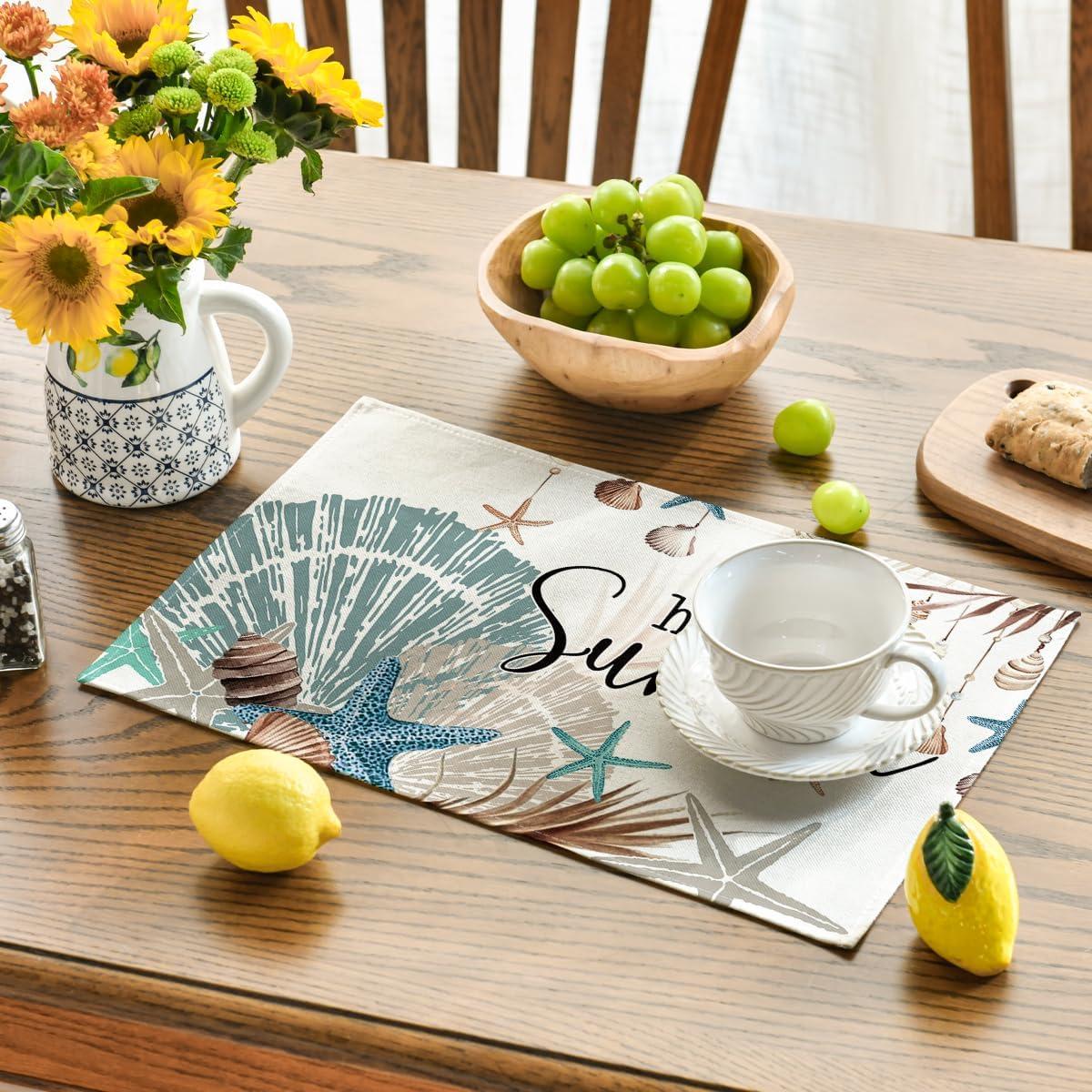 image:imageArtoid Mode Sunshine Starfish Shell Summer Placemats Set of 4 12x18 Inch Seasonal Spring Holiday Table Mats for Party Kitchen Dining Decoration