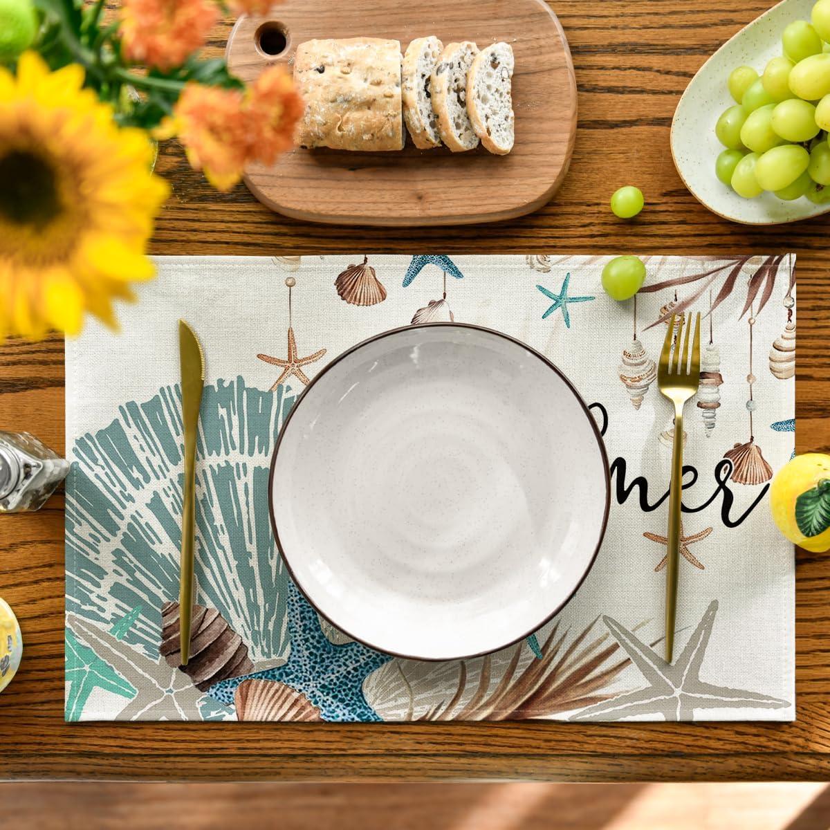 image:imageArtoid Mode Sunshine Starfish Shell Summer Placemats Set of 4 12x18 Inch Seasonal Spring Holiday Table Mats for Party Kitchen Dining Decoration