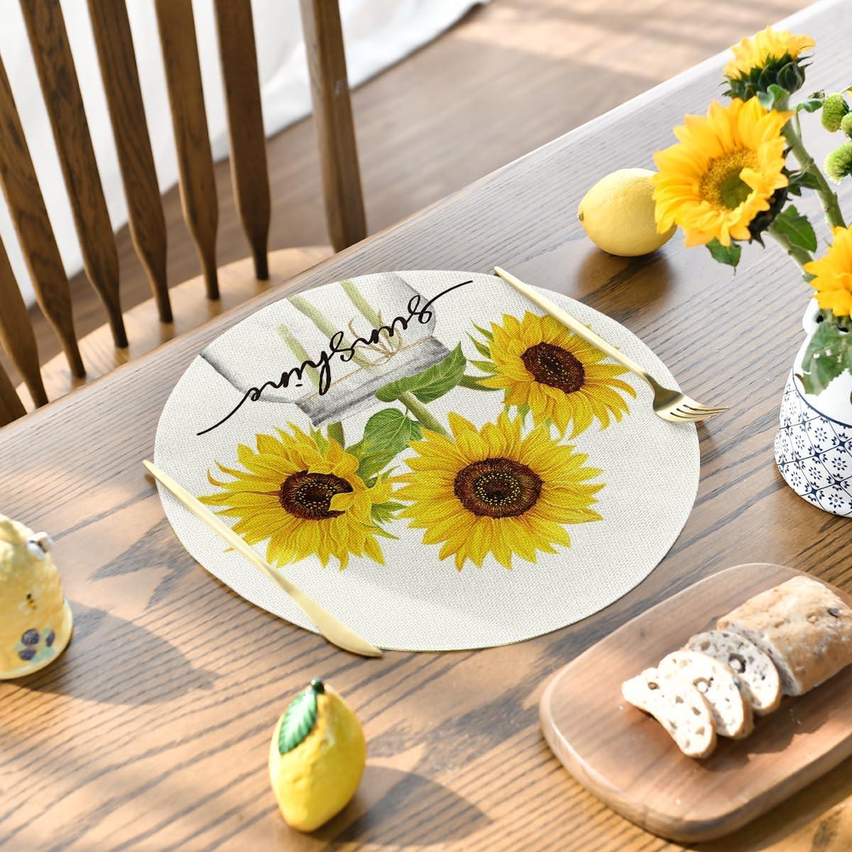 image:imageArtoid Mode Yellow Buffalo Plaid Sunflower Sunshine Vase Summer Placemats Set of 4 12x18 Inch Spring Table Mats for Party Kitchen Dining DecorationBeige