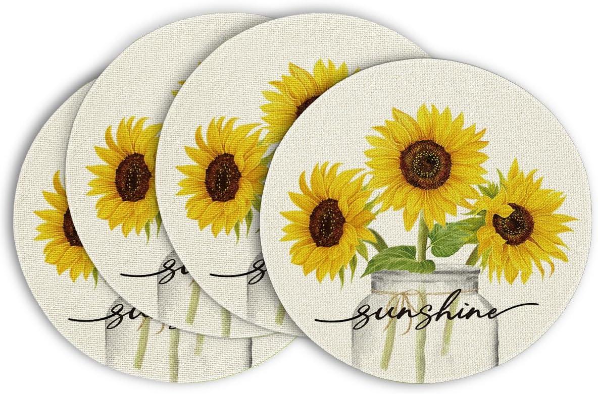 image:imageArtoid Mode Yellow Buffalo Plaid Sunflower Sunshine Vase Summer Placemats Set of 4 12x18 Inch Spring Table Mats for Party Kitchen Dining DecorationBeige