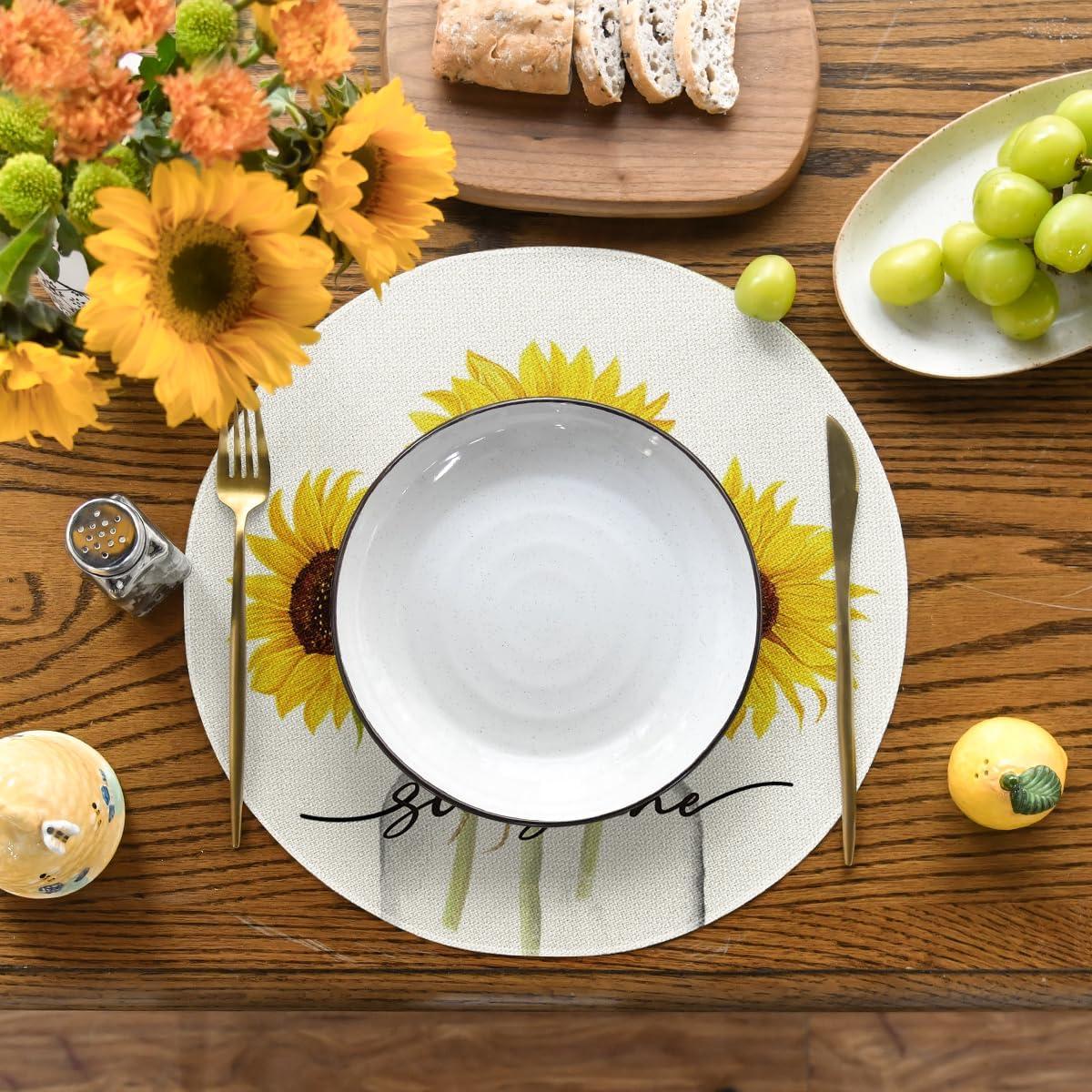 image:imageArtoid Mode Yellow Buffalo Plaid Sunflower Sunshine Vase Summer Placemats Set of 4 12x18 Inch Spring Table Mats for Party Kitchen Dining DecorationBeige