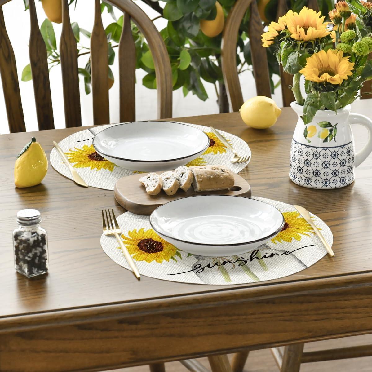 image:imageArtoid Mode Yellow Buffalo Plaid Sunflower Sunshine Vase Summer Placemats Set of 4 12x18 Inch Spring Table Mats for Party Kitchen Dining DecorationBeige