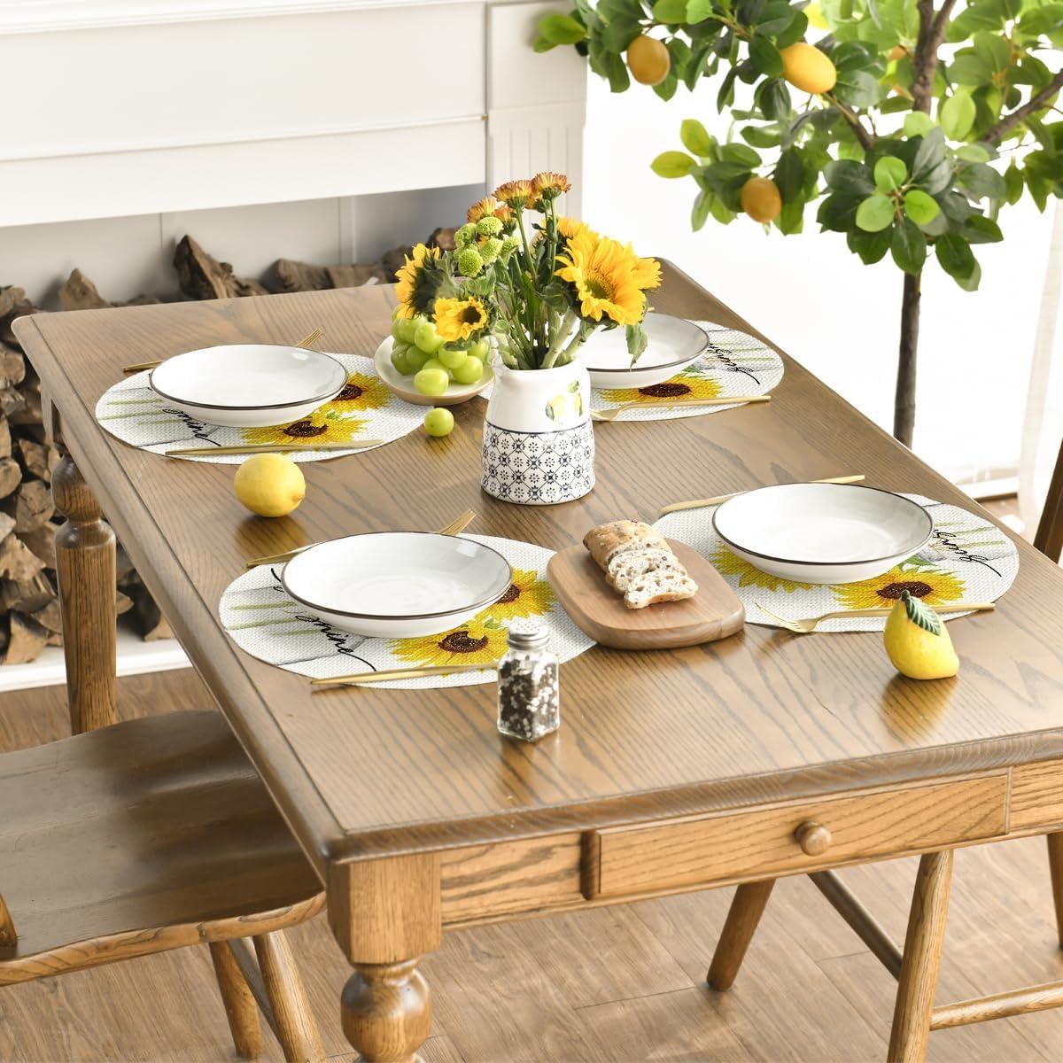 image:imageArtoid Mode Yellow Buffalo Plaid Sunflower Sunshine Vase Summer Placemats Set of 4 12x18 Inch Spring Table Mats for Party Kitchen Dining DecorationBeige