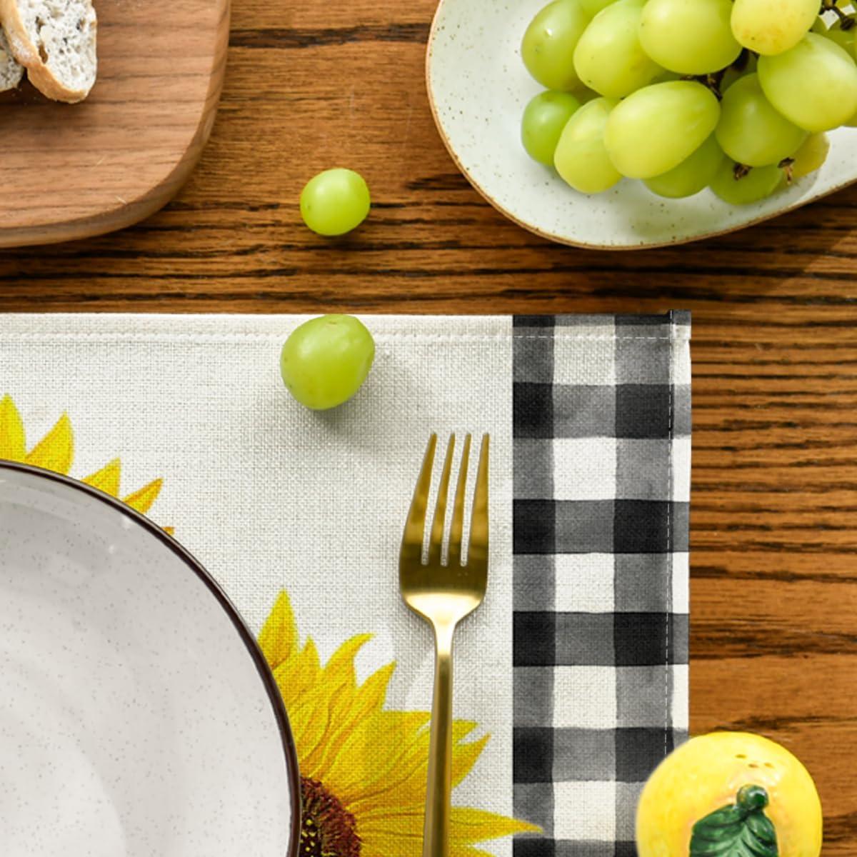 image:imageArtoid Mode Yellow Buffalo Plaid Sunflower Sunshine Vase Summer Placemats Set of 4 12x18 Inch Spring Table Mats for Party Kitchen Dining DecorationBeige