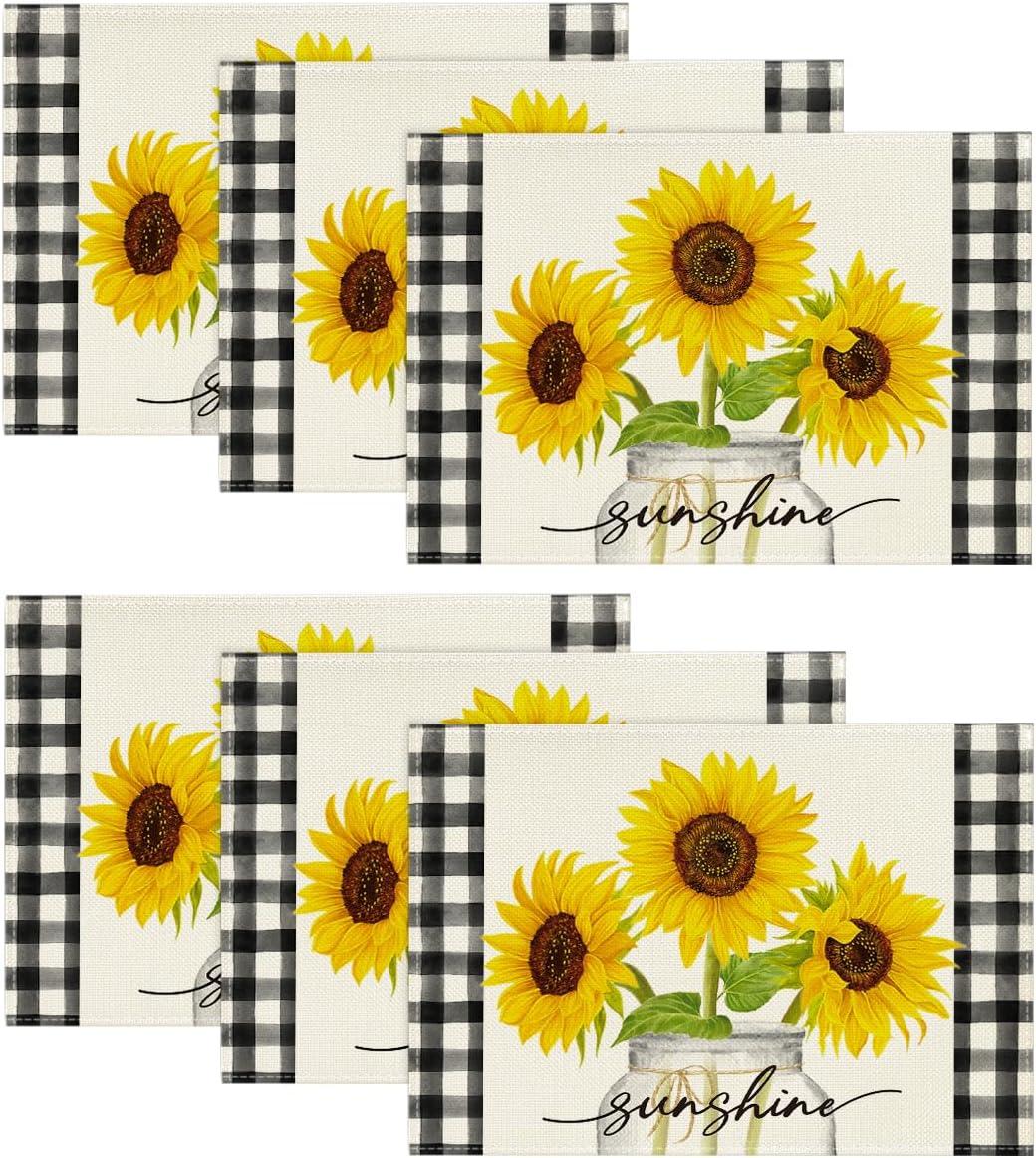 image:imageArtoid Mode Yellow Buffalo Plaid Sunflower Sunshine Vase Summer Placemats Set of 4 12x18 Inch Spring Table Mats for Party Kitchen Dining DecorationBeige
