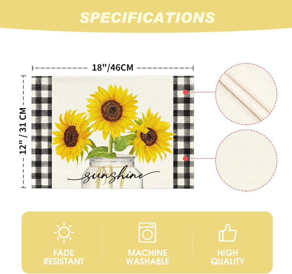 image:imageArtoid Mode Yellow Buffalo Plaid Sunflower Sunshine Vase Summer Placemats Set of 4 12x18 Inch Spring Table Mats for Party Kitchen Dining DecorationBeige
