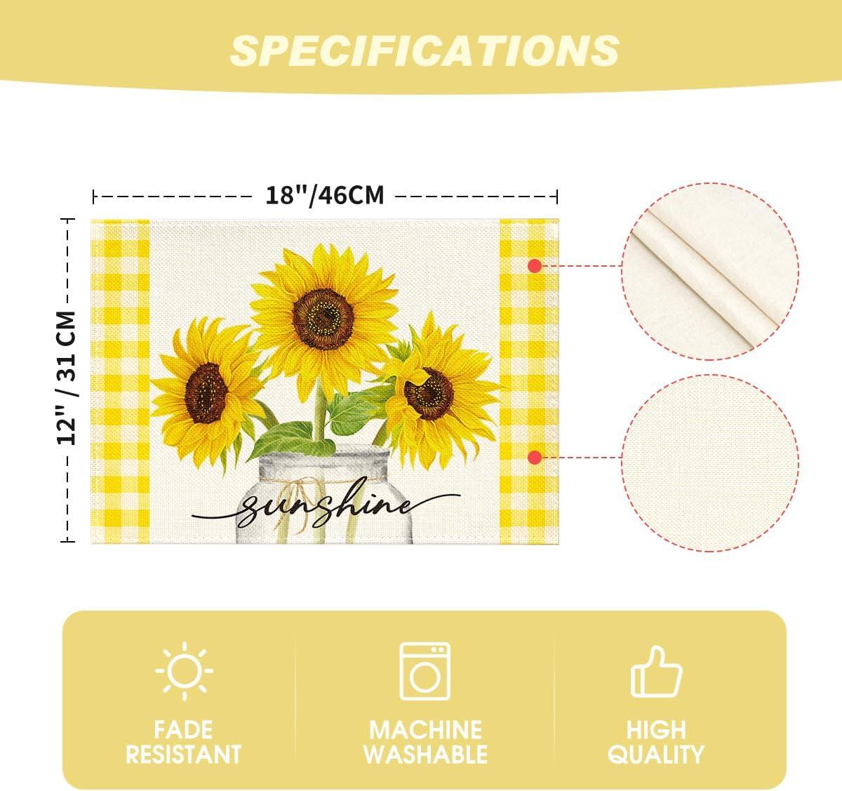 image:imageArtoid Mode Yellow Buffalo Plaid Sunflower Sunshine Vase Summer Placemats Set of 4 12x18 Inch Spring Table Mats for Party Kitchen Dining DecorationYellow