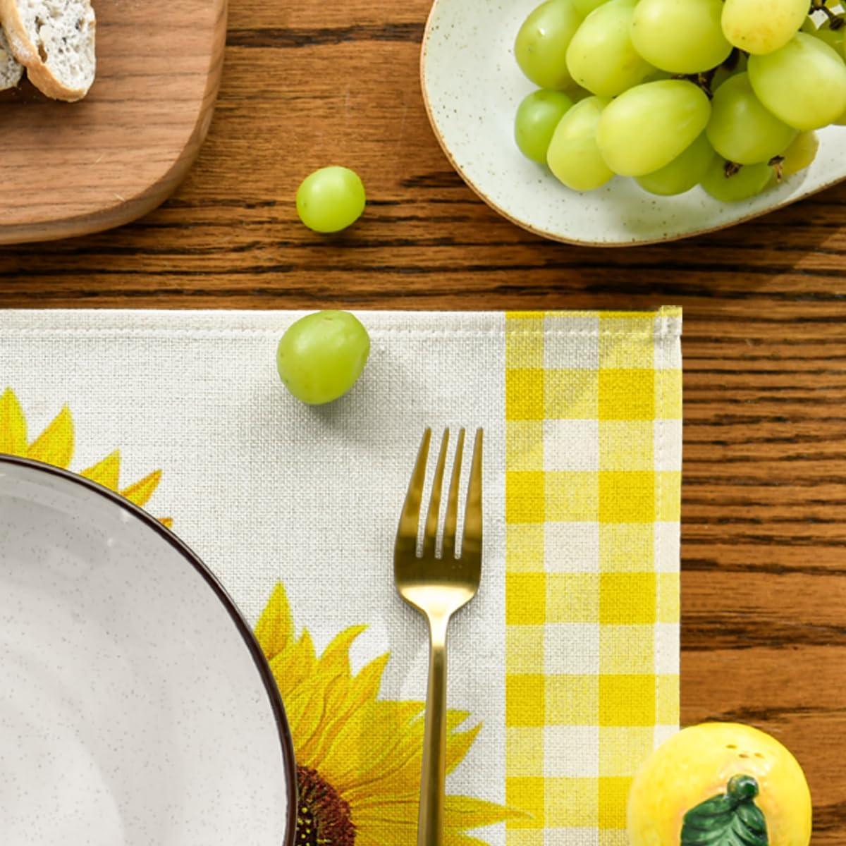 image:imageArtoid Mode Yellow Buffalo Plaid Sunflower Sunshine Vase Summer Placemats Set of 4 12x18 Inch Spring Table Mats for Party Kitchen Dining DecorationYellow