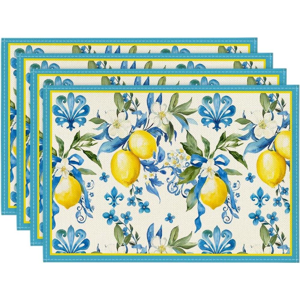 image:imageArtoid Mode Blue Lemon Iris Summer Placemats Set of 4 12x18 Inch Seasonal Table Mats for Party Kitchen Dining DecorationBlue