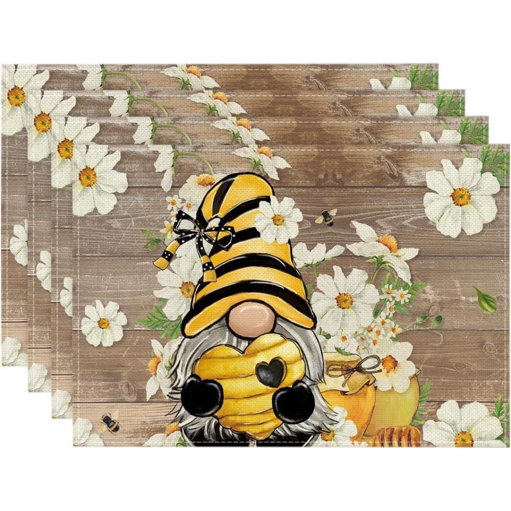 image:imageArtoid Mode Gnomes Flowers Leaves Summer Placemats Set of 4 12x18 Inch Seasonal Summer Holiday Table Mats for Party Kitchen Dining DecorationWood