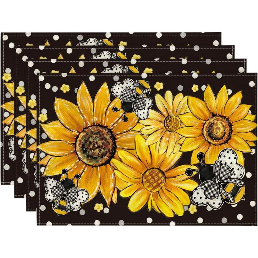 image:imageArtoid Mode Sunflower Bee Flower Polka Dot Summer Placemats Set of 4 12x18 Inch Spring Table Mats for Table Runner Party Kitchen Dining DecorationBlack