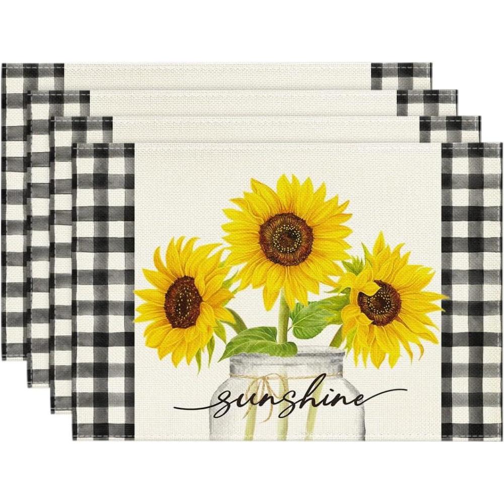 image:imageArtoid Mode Yellow Buffalo Plaid Sunflower Sunshine Vase Summer Placemats Set of 4 12x18 Inch Spring Table Mats for Party Kitchen Dining DecorationBeige