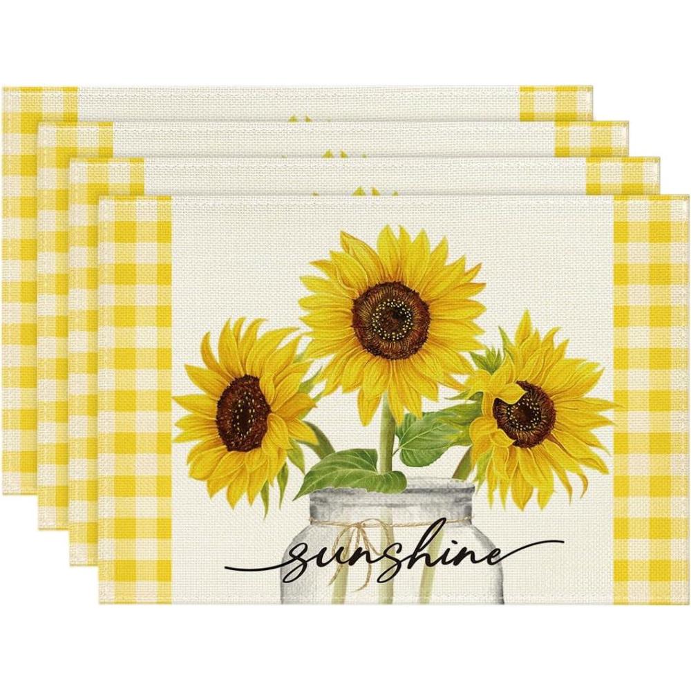 image:imageArtoid Mode Yellow Buffalo Plaid Sunflower Sunshine Vase Summer Placemats Set of 4 12x18 Inch Spring Table Mats for Party Kitchen Dining DecorationYellow