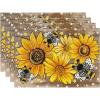 Artoid Mode Sunflower Bee Flower Polka Dot Summer Placemats Set of 4, 12×18 Inch Spring Table Mats for Table Runner Party Kitchen Dining Decoration(Wood)