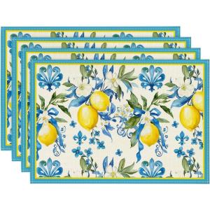 Artoid Mode Blue Lemon Iris Summer Placemats Set of 4, 12×18 Inch Seasonal Table Mats for Party Kitchen Dining Decoration(Blue)