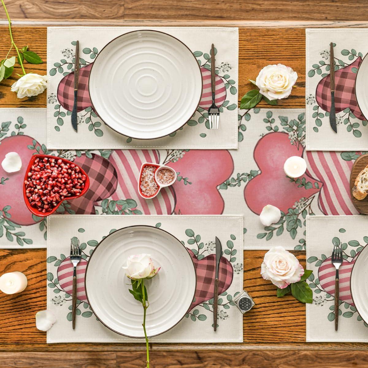 image:imageArtoid Mode Buffalo Plaid Eucalyptus Hearts Valentine Placemats Set of 2 12x18 Inch Anniversary Wedding Table Mats for Party Kitchen DiningPinkBeige