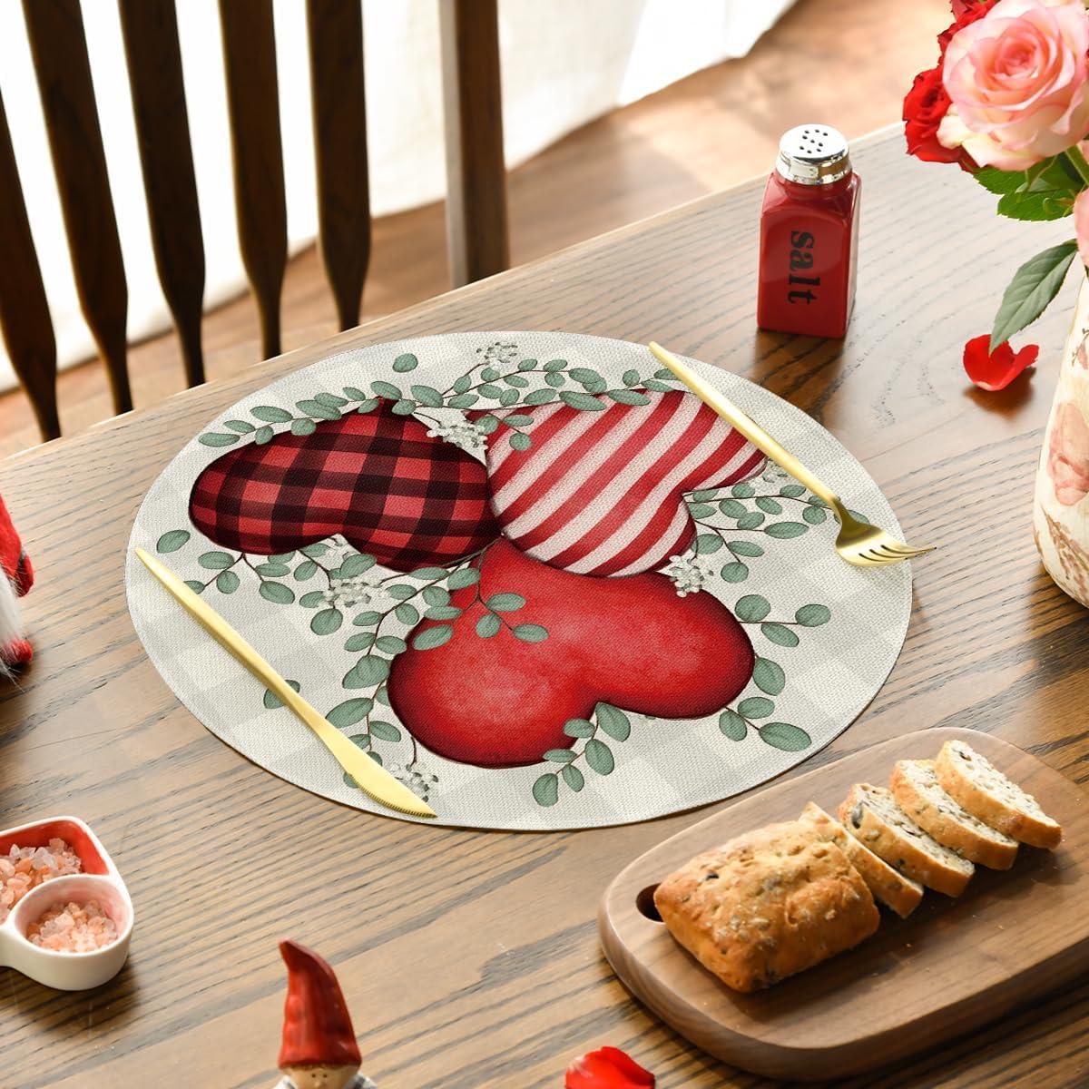 image:imageArtoid Mode Buffalo Plaid Eucalyptus Hearts Valentine Placemats Set of 2 12x18 Inch Anniversary Wedding Table Mats for Party Kitchen DiningRedBeige