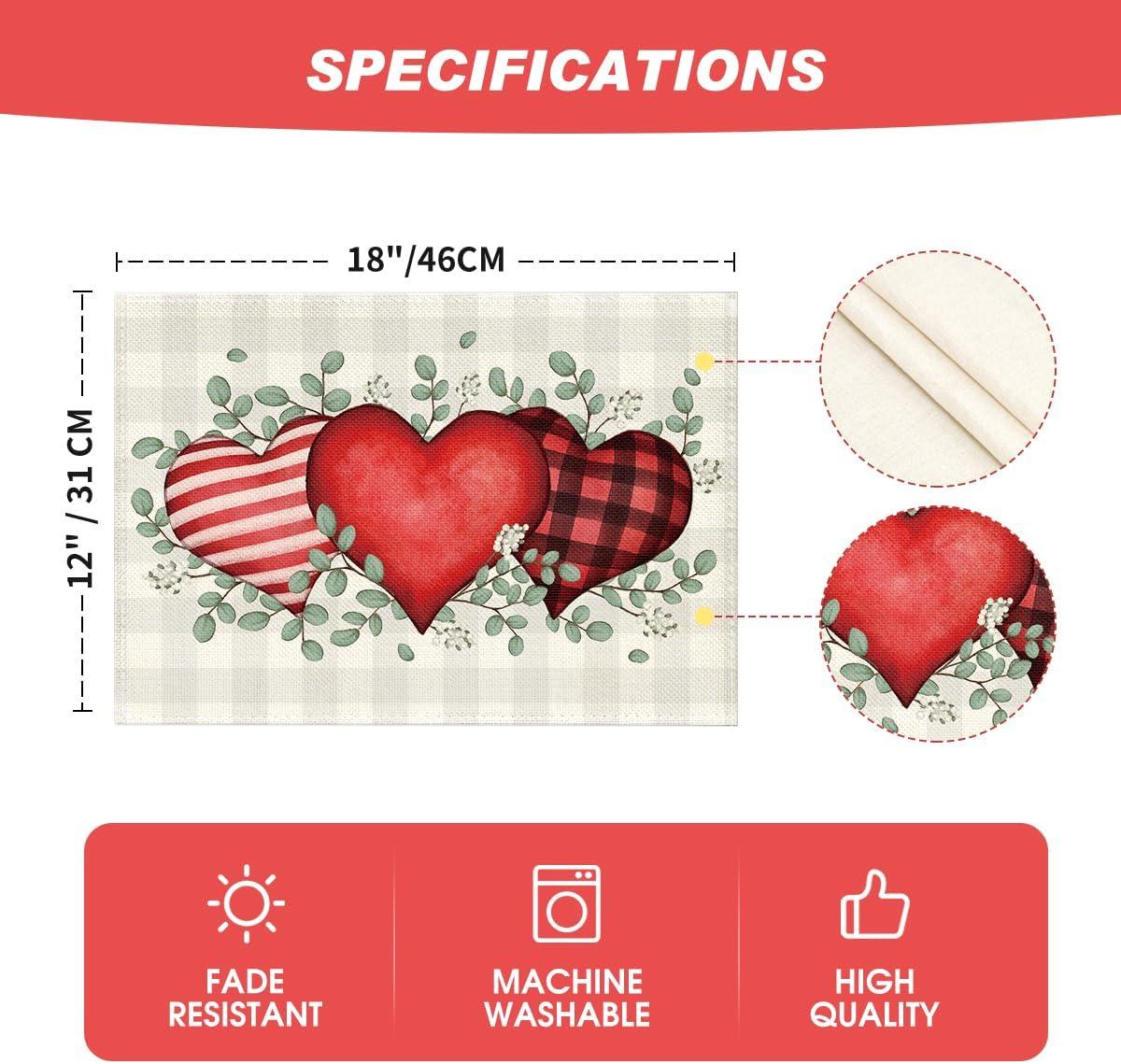 image:imageArtoid Mode Buffalo Plaid Eucalyptus Hearts Valentine Placemats Set of 2 12x18 Inch Anniversary Wedding Table Mats for Party Kitchen DiningRedBeige