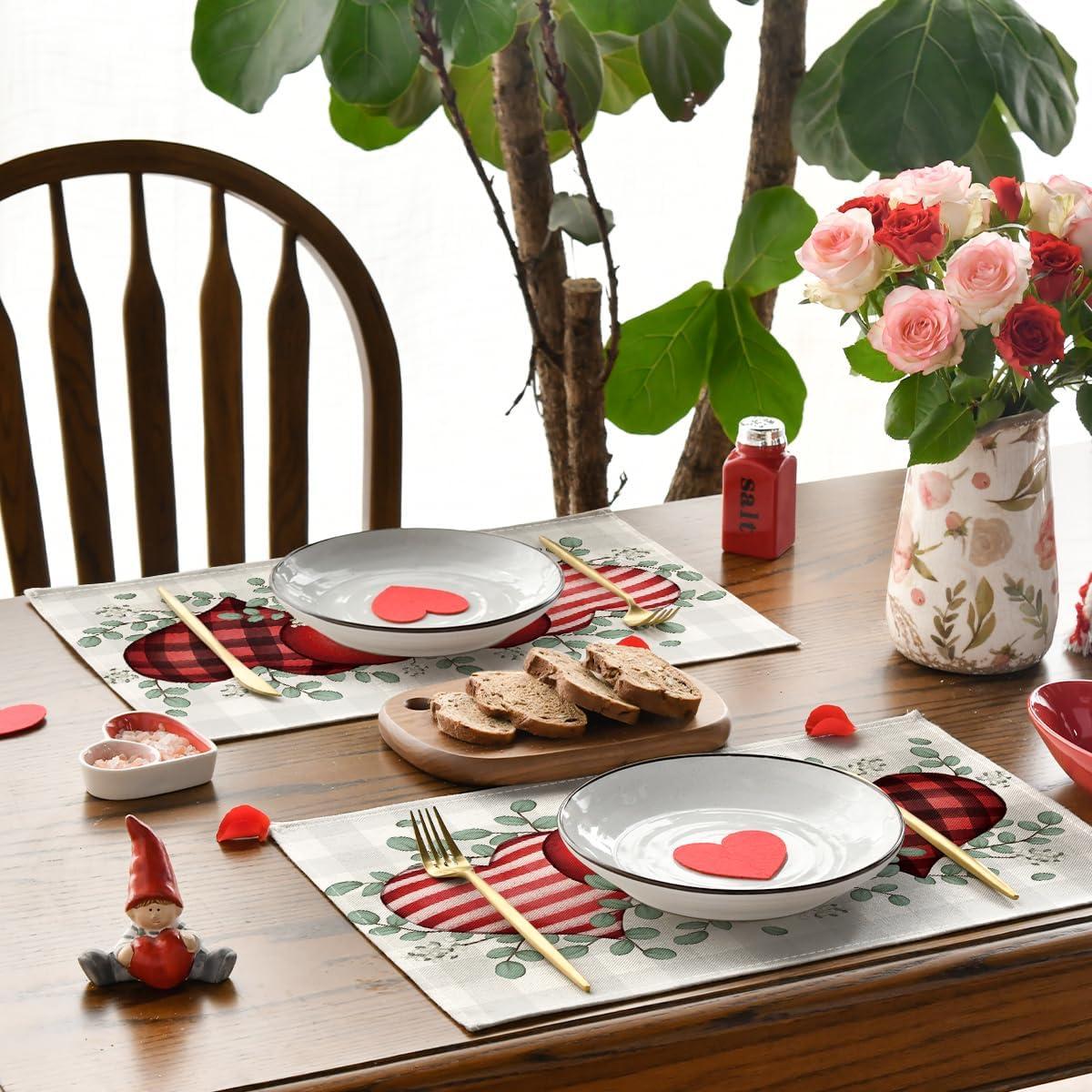 image:imageArtoid Mode Buffalo Plaid Eucalyptus Hearts Valentine Placemats Set of 2 12x18 Inch Anniversary Wedding Table Mats for Party Kitchen DiningRedBeige