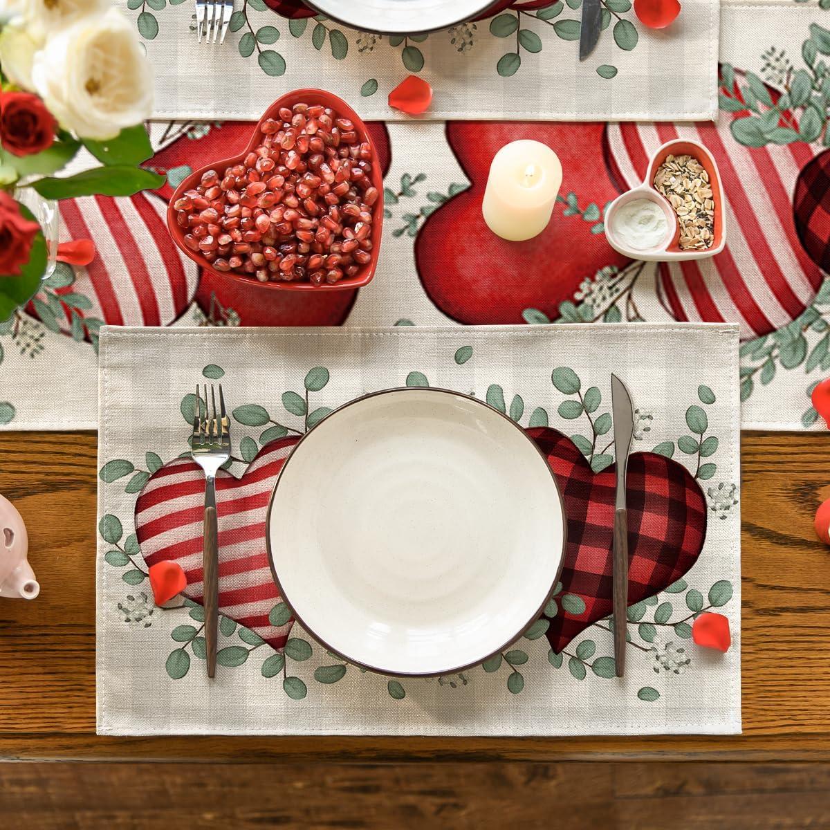 image:imageArtoid Mode Buffalo Plaid Eucalyptus Hearts Valentine Placemats Set of 2 12x18 Inch Anniversary Wedding Table Mats for Party Kitchen DiningRedBeige