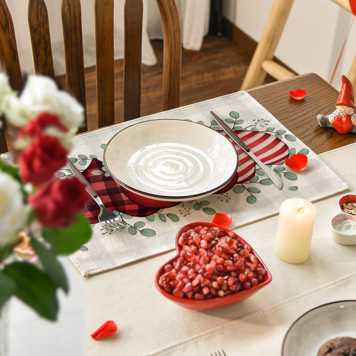 image:imageArtoid Mode Buffalo Plaid Eucalyptus Hearts Valentine Placemats Set of 2 12x18 Inch Anniversary Wedding Table Mats for Party Kitchen DiningRedBeige