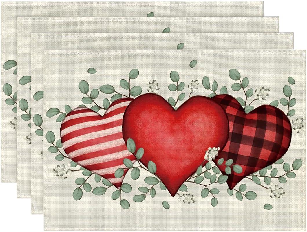 image:imageArtoid Mode Buffalo Plaid Eucalyptus Hearts Valentine Placemats Set of 2 12x18 Inch Anniversary Wedding Table Mats for Party Kitchen DiningRedBeige