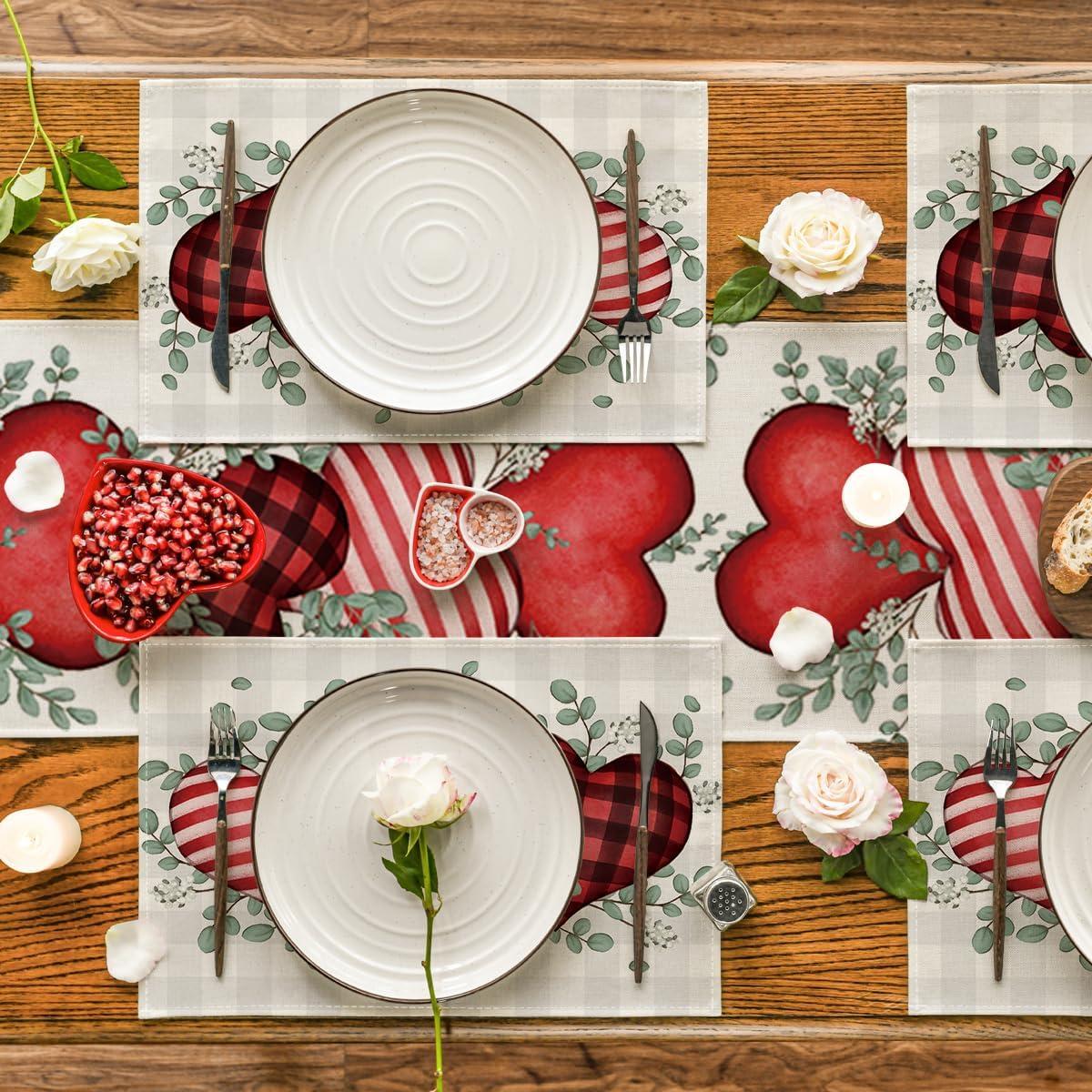 image:imageArtoid Mode Buffalo Plaid Eucalyptus Hearts Valentine Placemats Set of 2 12x18 Inch Anniversary Wedding Table Mats for Party Kitchen DiningRedBeige