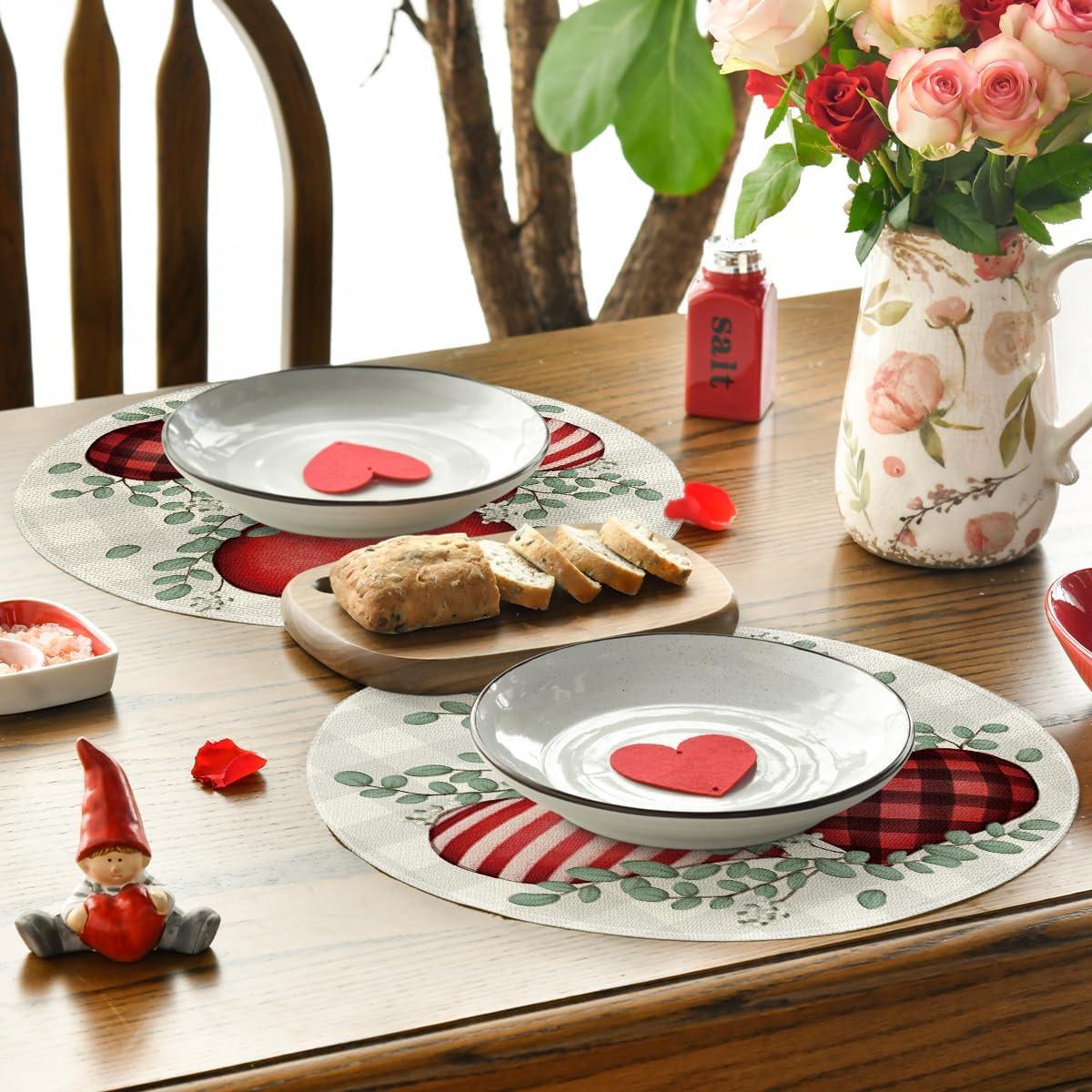 image:imageArtoid Mode Buffalo Plaid Eucalyptus Hearts Valentine Placemats Set of 2 12x18 Inch Anniversary Wedding Table Mats for Party Kitchen DiningRedBeige