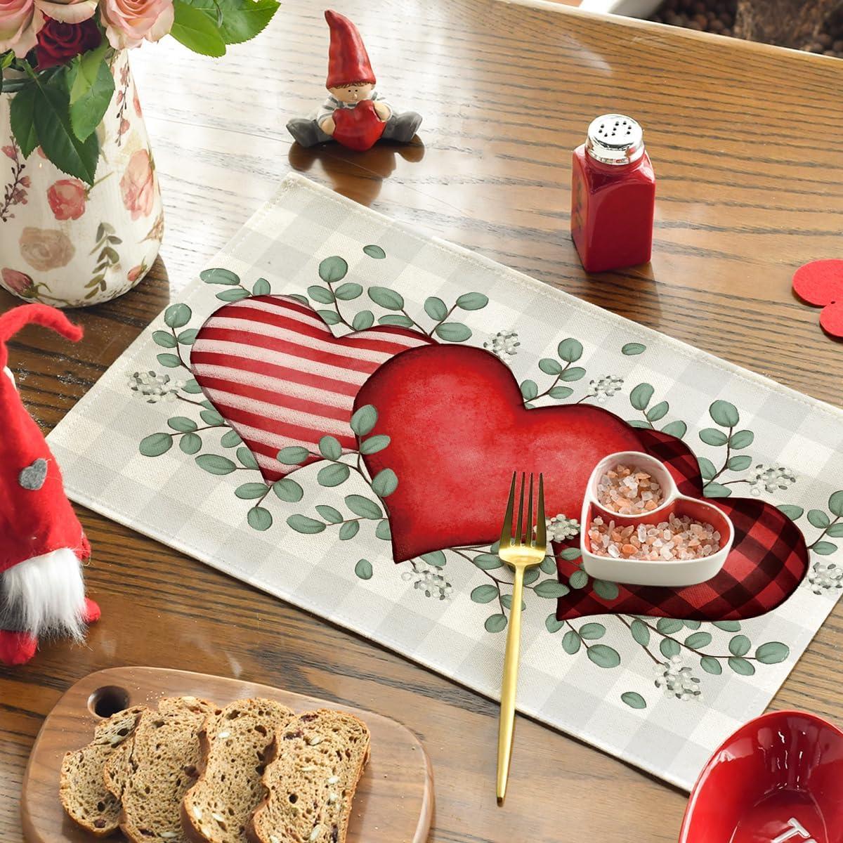 image:imageArtoid Mode Buffalo Plaid Eucalyptus Hearts Valentine Placemats Set of 2 12x18 Inch Anniversary Wedding Table Mats for Party Kitchen DiningRedBeige